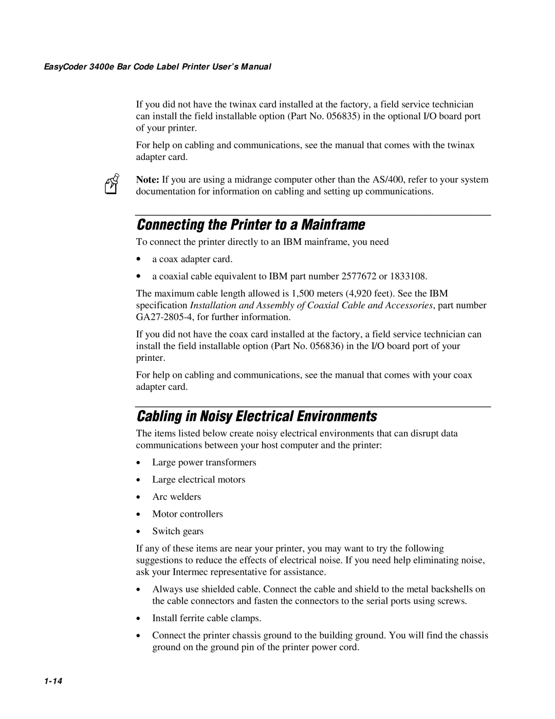 IBM EasyCoder 3400e user manual Connecting the Printer to a Mainframe, Cabling in Noisy Electrical Environments 