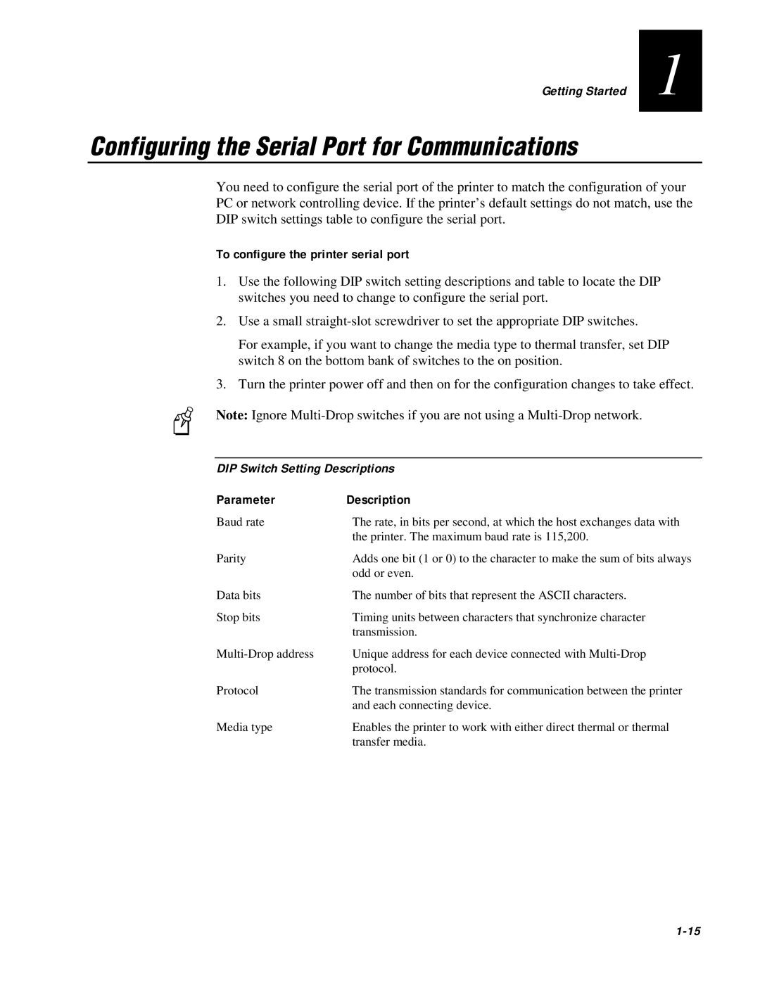 IBM EasyCoder 3400e user manual Configuring the Serial Port for Communications, To configure the printer serial port 