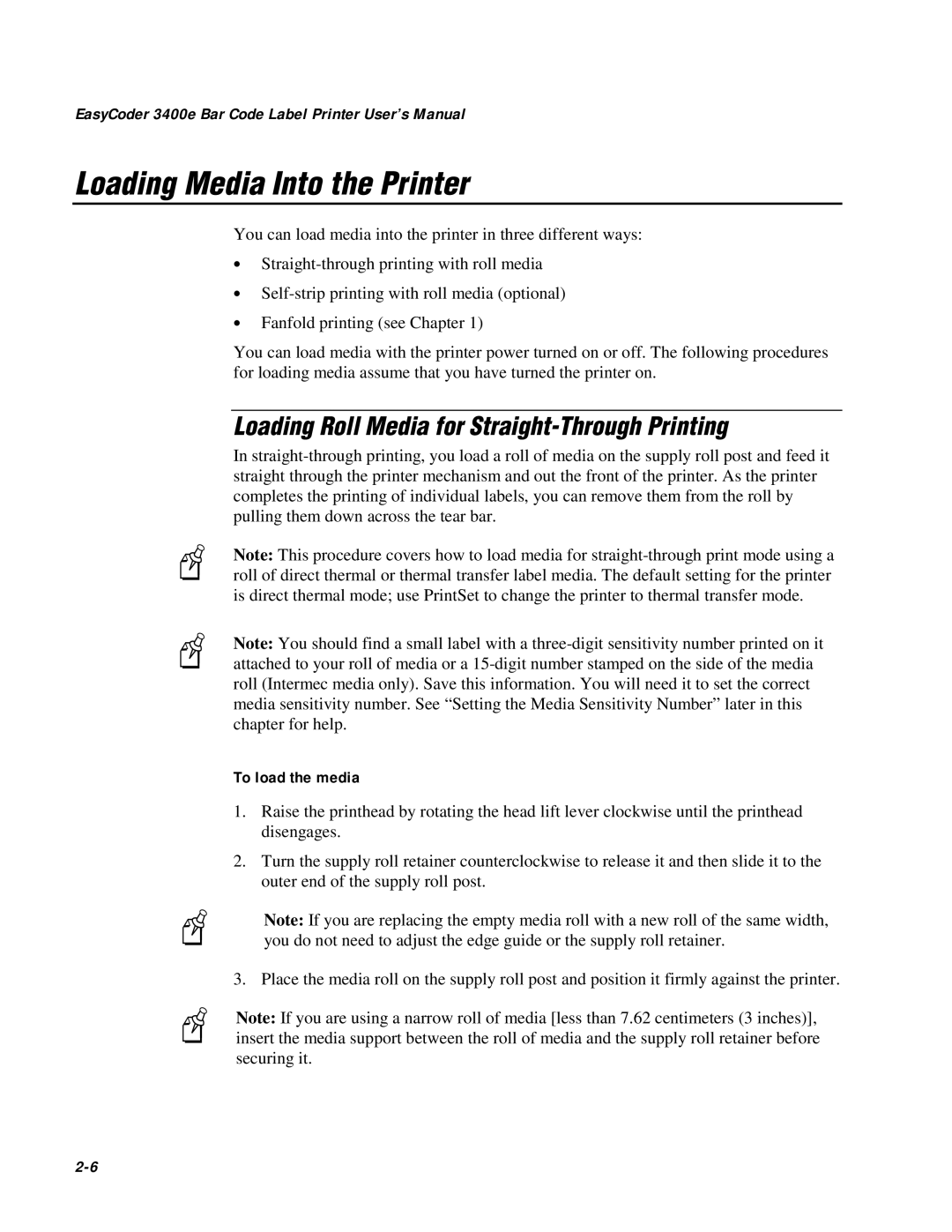 IBM EasyCoder 3400e Loading Media Into the Printer, Loading Roll Media for Straight-Through Printing, To load the media 