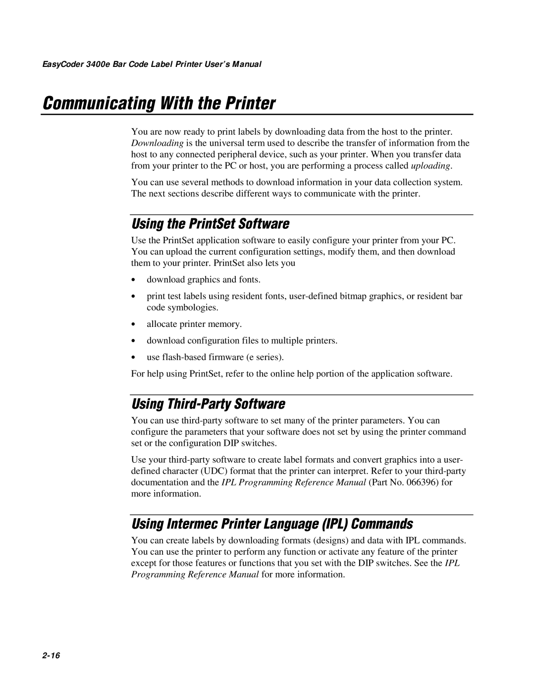 IBM EasyCoder 3400e user manual Communicating With the Printer, Using the PrintSet Software, Using Third-Party Software 