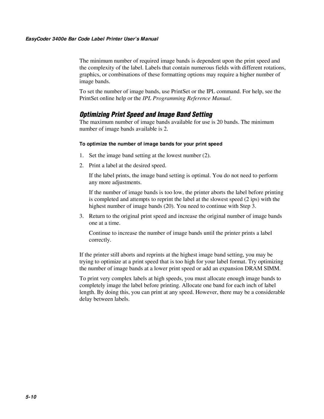 IBM EasyCoder 3400e user manual Optimizing Print Speed and Image Band Setting 