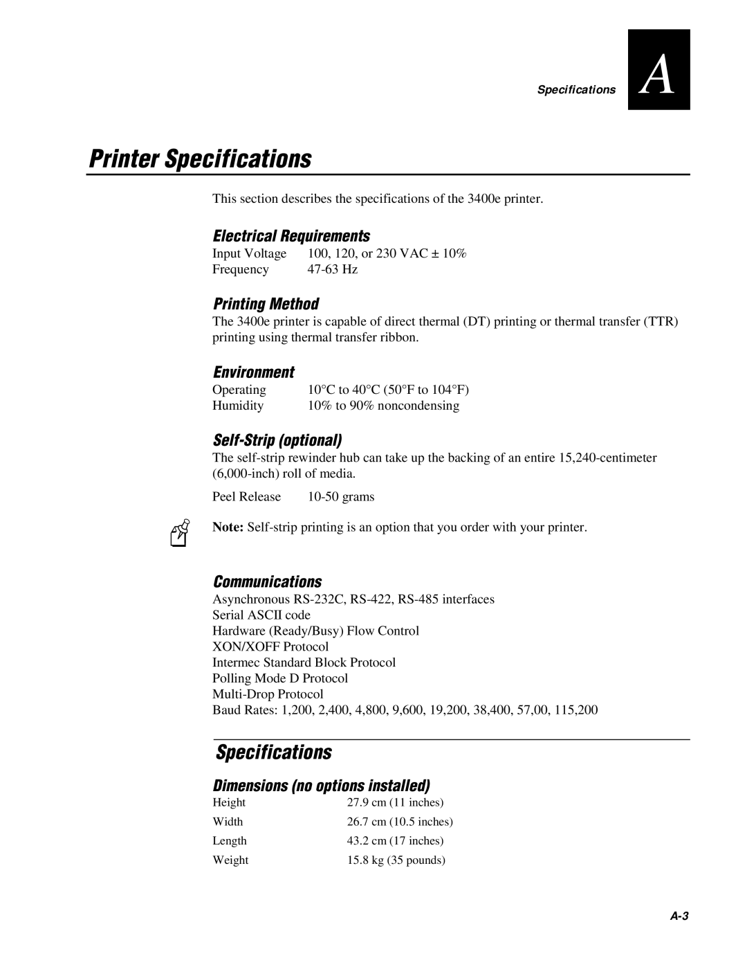 IBM EasyCoder 3400e user manual Printer Specifications 