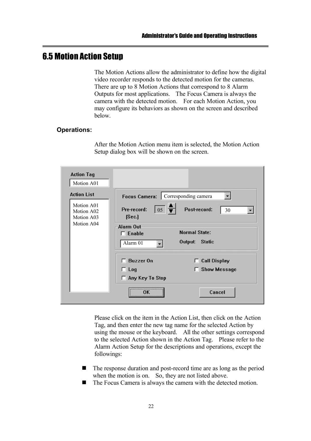 IBM EDR1600 manual Motion Action Setup 