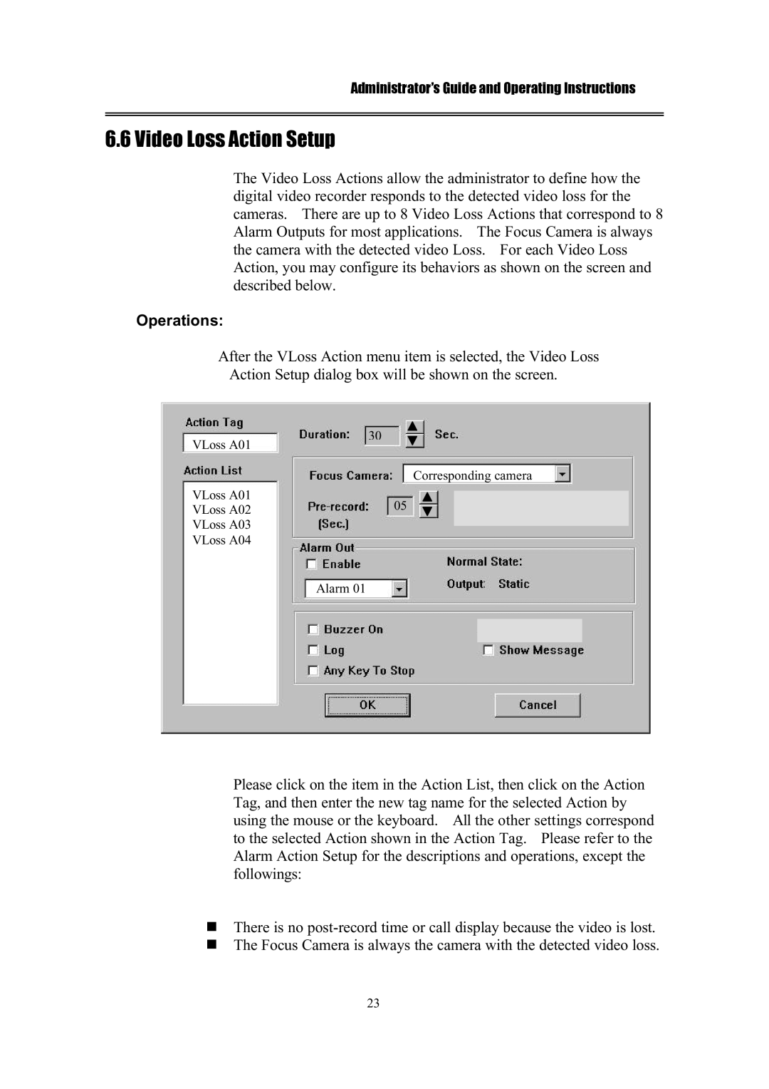 IBM EDR1600 manual Video Loss Action Setup 