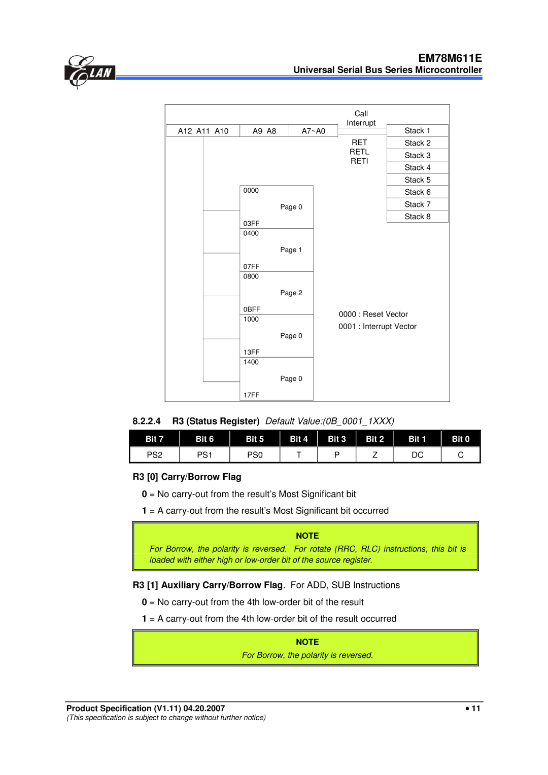 IBM EM78M611E manual 2.4 R3 Status Register Default Value0B00011XXX, R3 0 Carry/Borrow Flag, Bit 