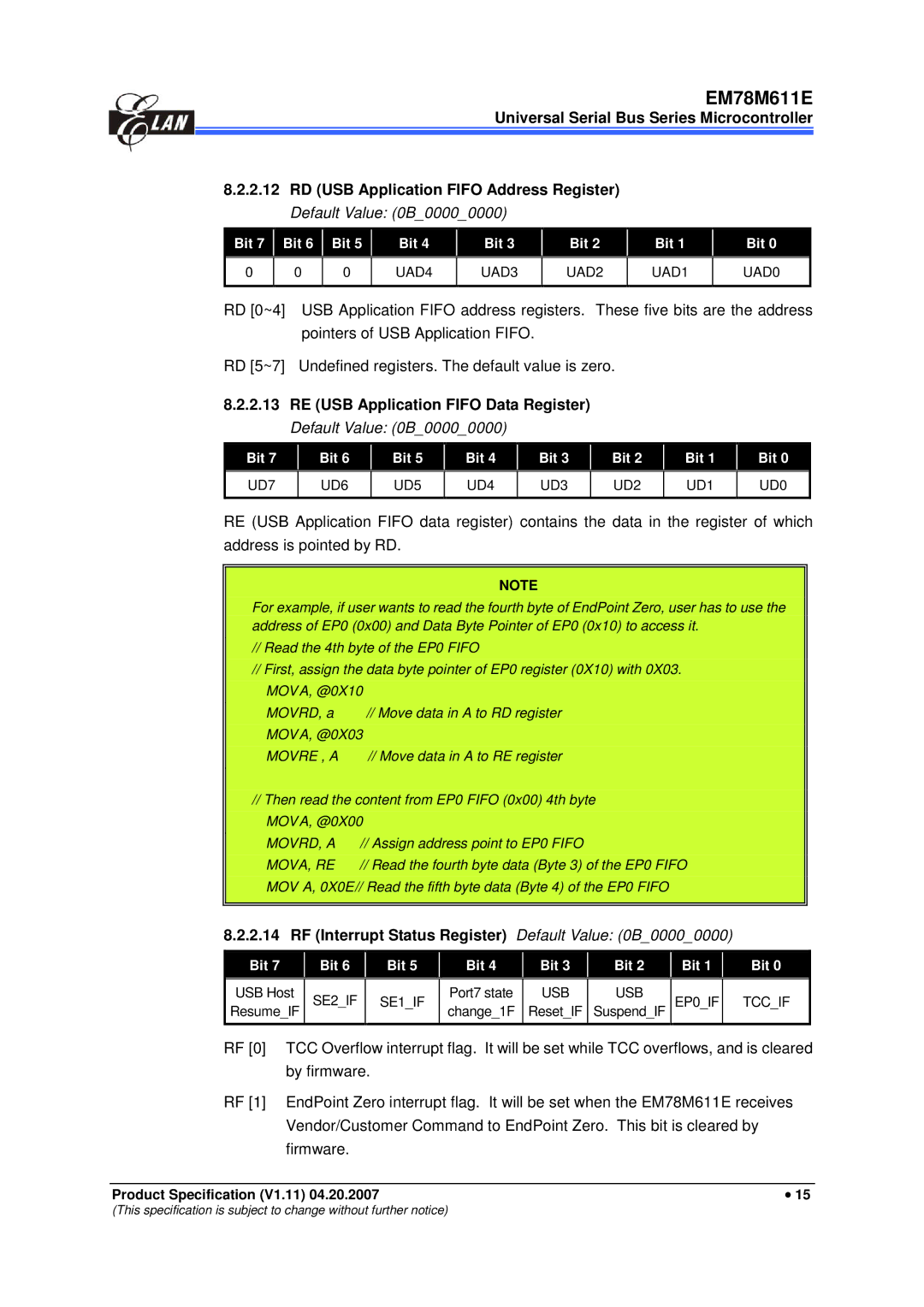 IBM EM78M611E manual RF Interrupt Status Register, Default Value 0B00000000 