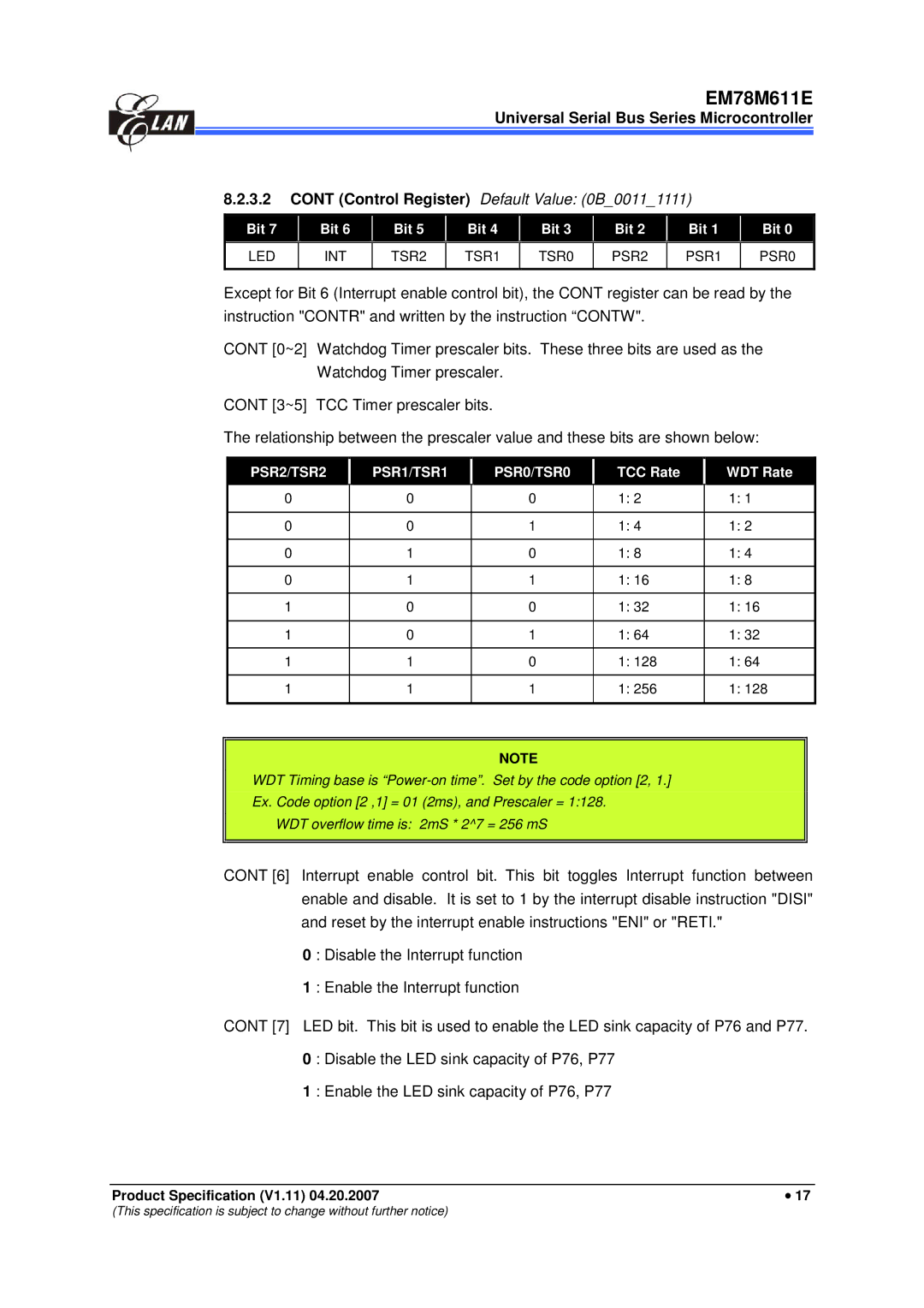 IBM EM78M611E manual Control Register Default Value 0B00111111, TCC Rate WDT Rate 