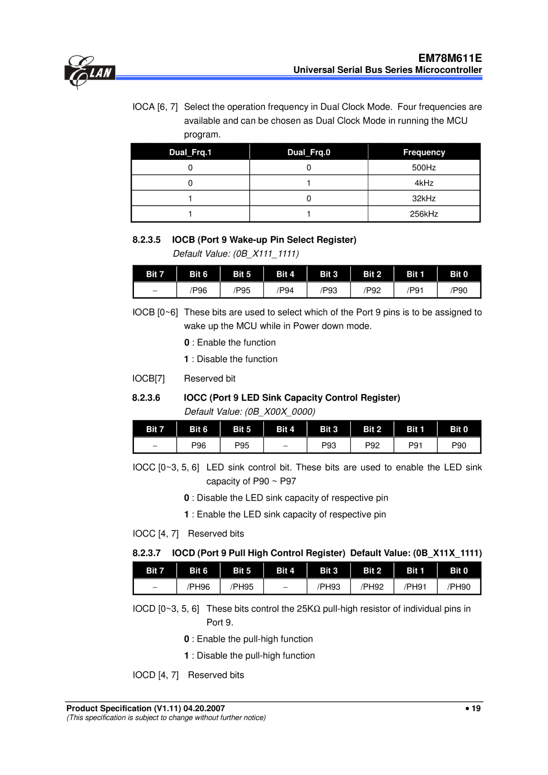 IBM EM78M611E manual DualFrq.1 DualFrq.0 Frequency, Bit P96 P95 P94 P93 P92 P91 P90, PH95 PH93 