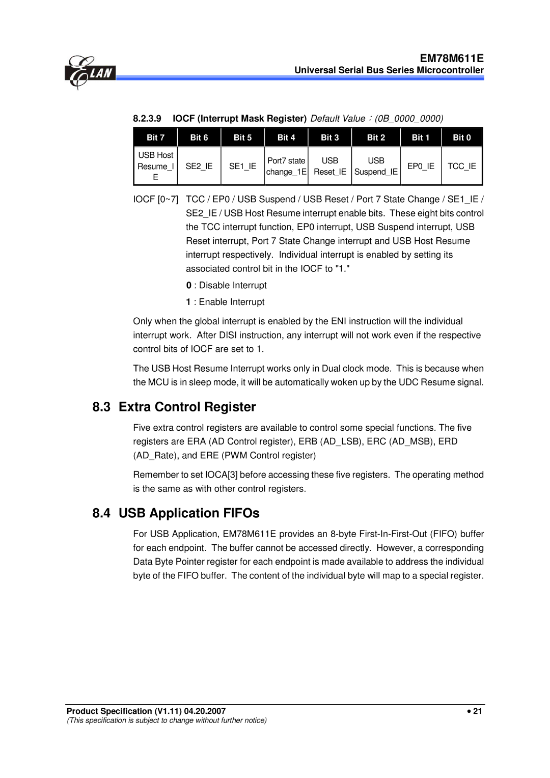 IBM EM78M611E manual Extra Control Register, USB Application FIFOs 