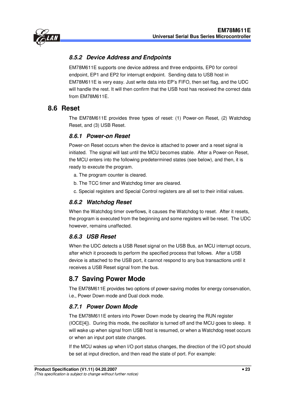 IBM EM78M611E manual Reset, Saving Power Mode 