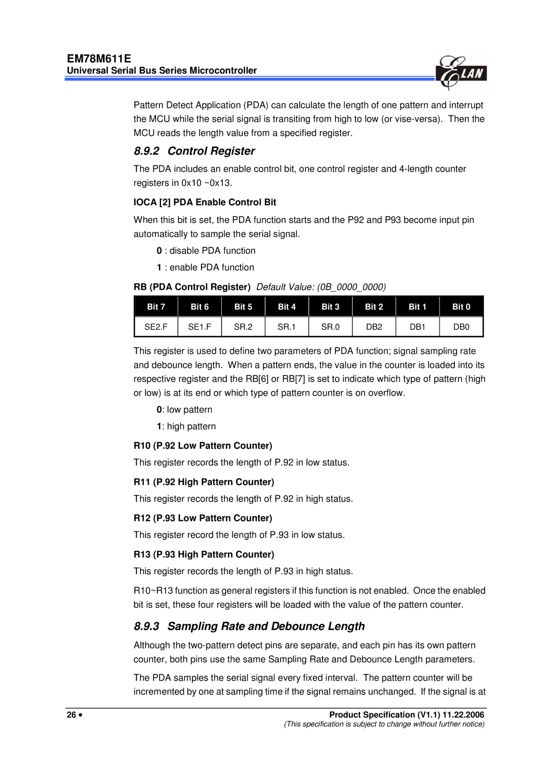 IBM EM78M611E manual Control Register, Sampling Rate and Debounce Length 