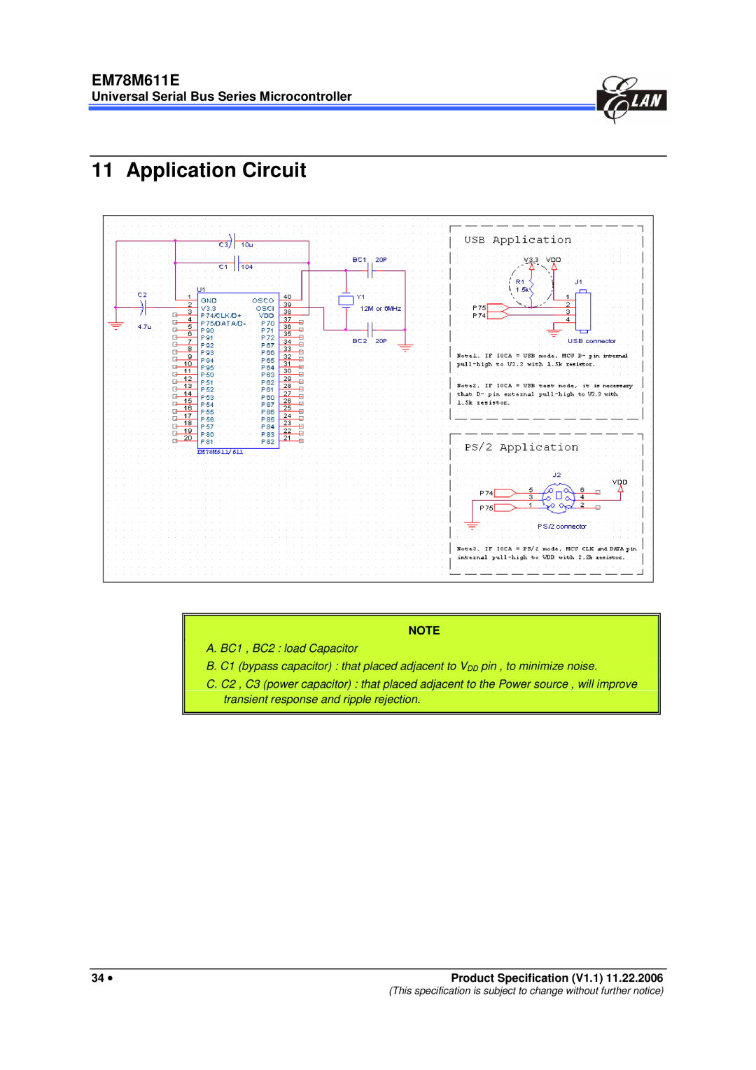 IBM EM78M611E manual Application Circuit 