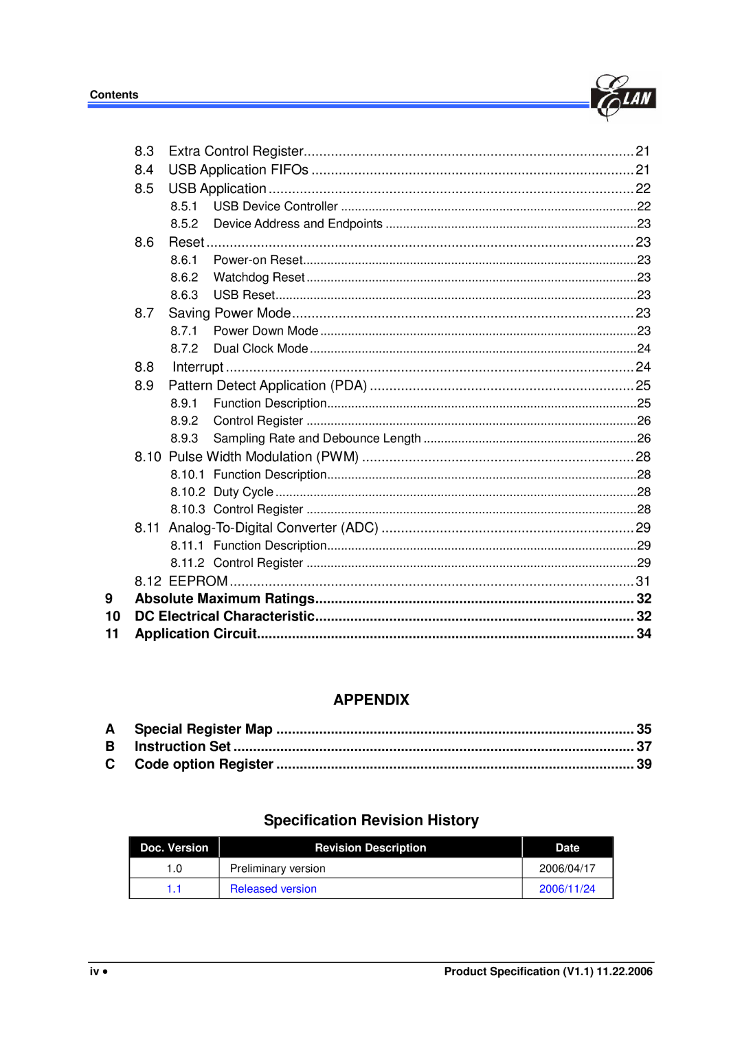 IBM EM78M611E manual Appendix, Product Specification V1.1 