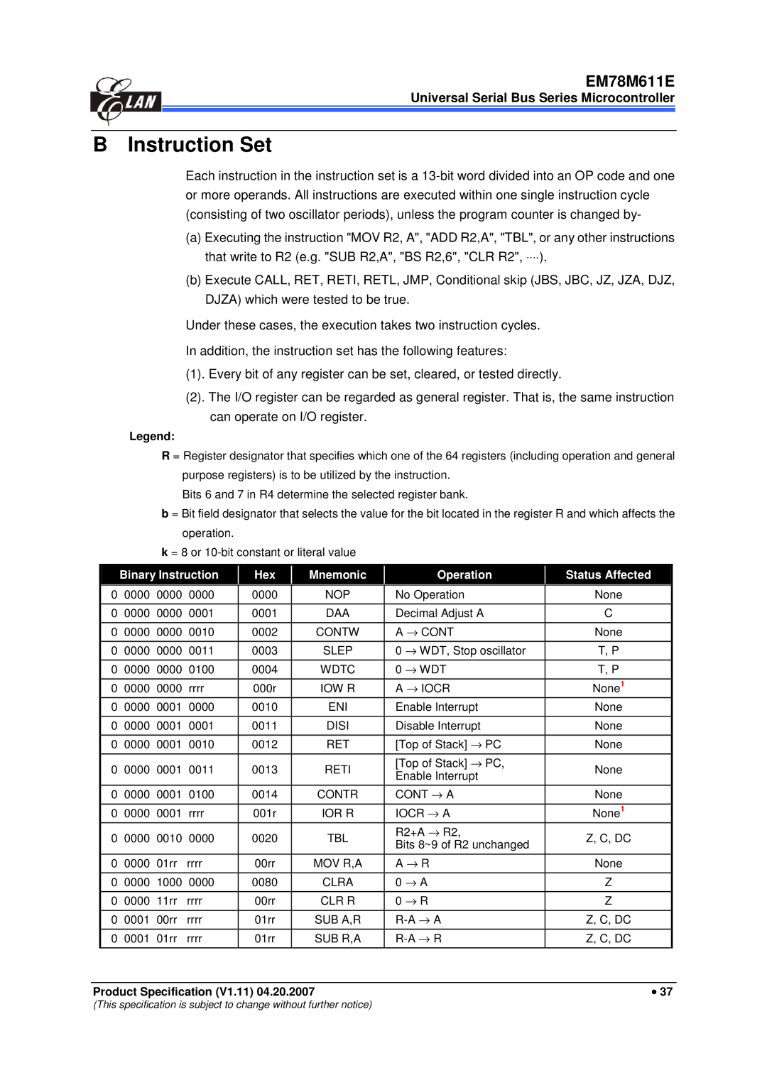 IBM EM78M611E manual Instruction Set, Binary Instruction Hex Mnemonic Operation Status Affected 