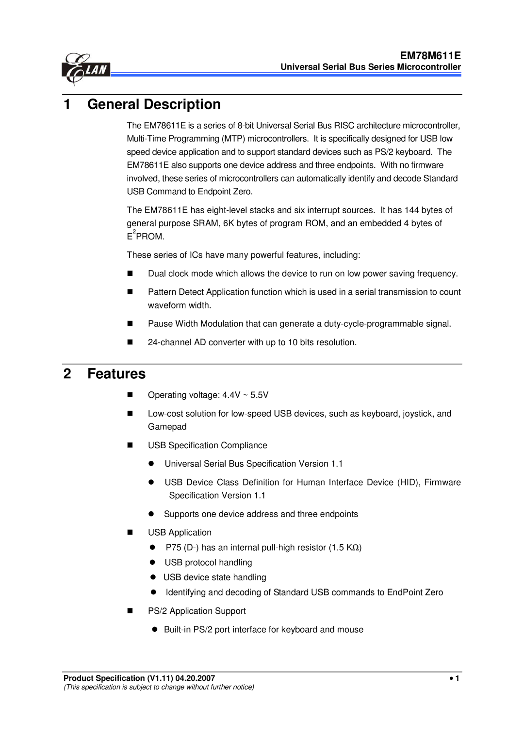 IBM EM78M611E manual General Description, Features, Universal Serial Bus Series Microcontroller 