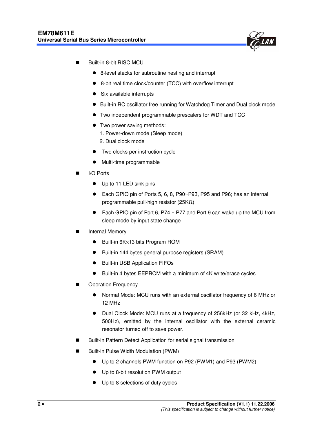 IBM EM78M611E manual Product Specification V1.1 