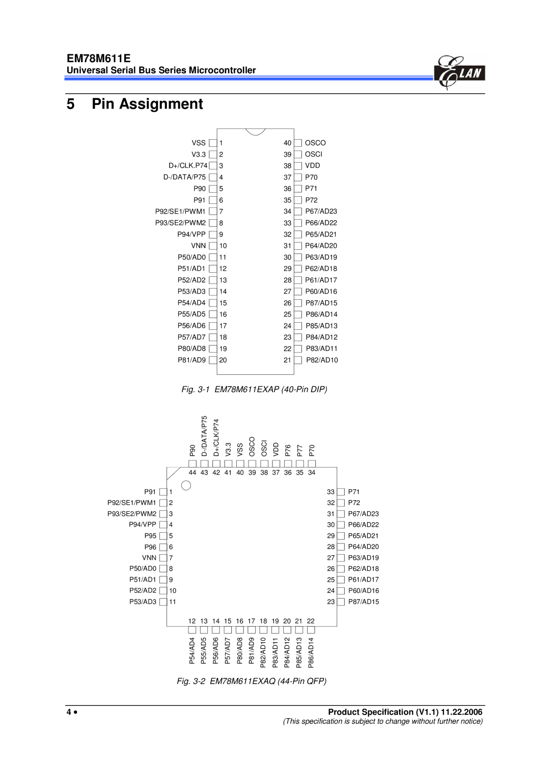 IBM EM78M611E manual Pin Assignment, Vnn 