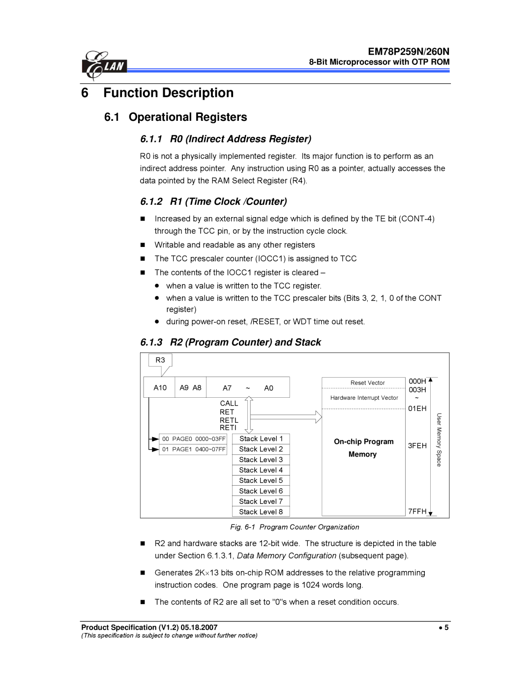 IBM EM78P259N/260N Function Description, Operational Registers, 1 R0 Indirect Address Register, 2 R1 Time Clock /Counter 