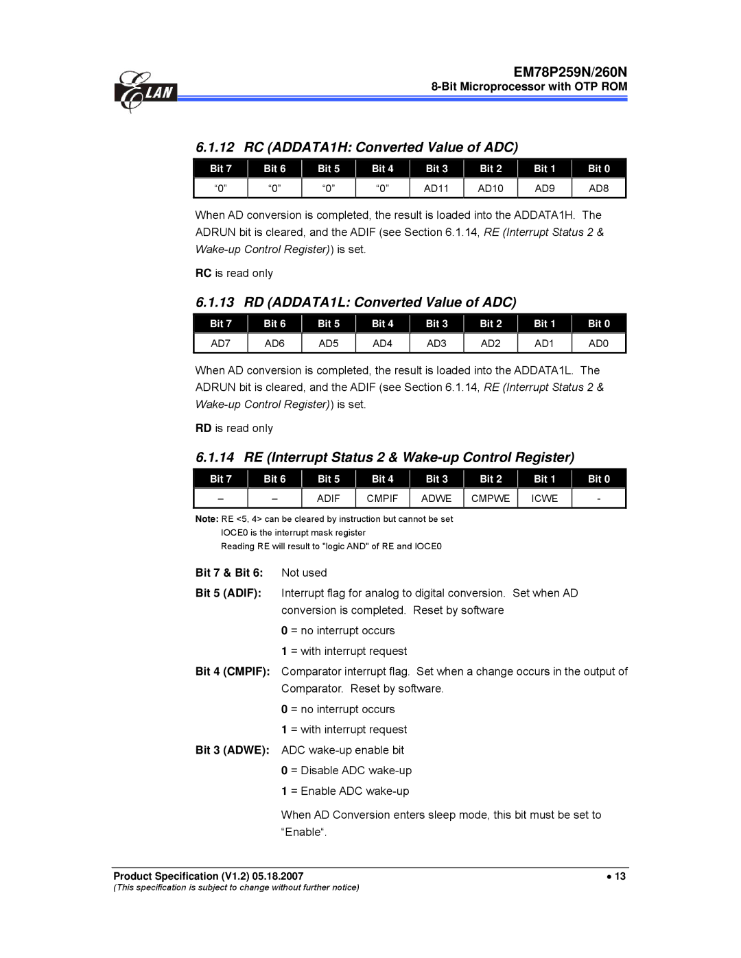 IBM EM78P259N/260N manual RC ADDATA1H Converted Value of ADC, RD ADDATA1L Converted Value of ADC 