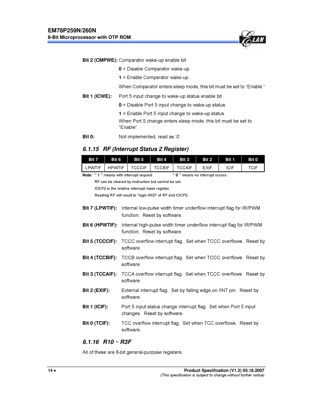 IBM EM78P259N/260N manual RF Interrupt Status 2 Register, 16 R10 ~ R3F, All of these are 8-bit general-purpose registers 