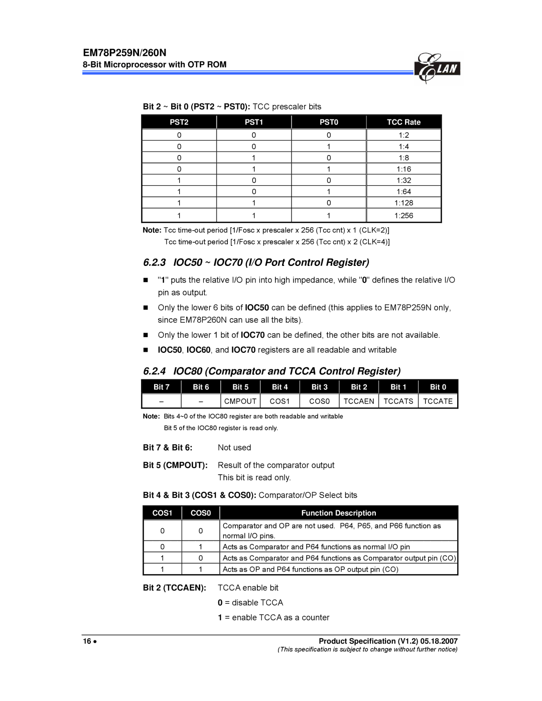 IBM EM78P259N/260N 3 IOC50 ~ IOC70 I/O Port Control Register, 4 IOC80 Comparator and Tcca Control Register, Bit 2 Tccaen 