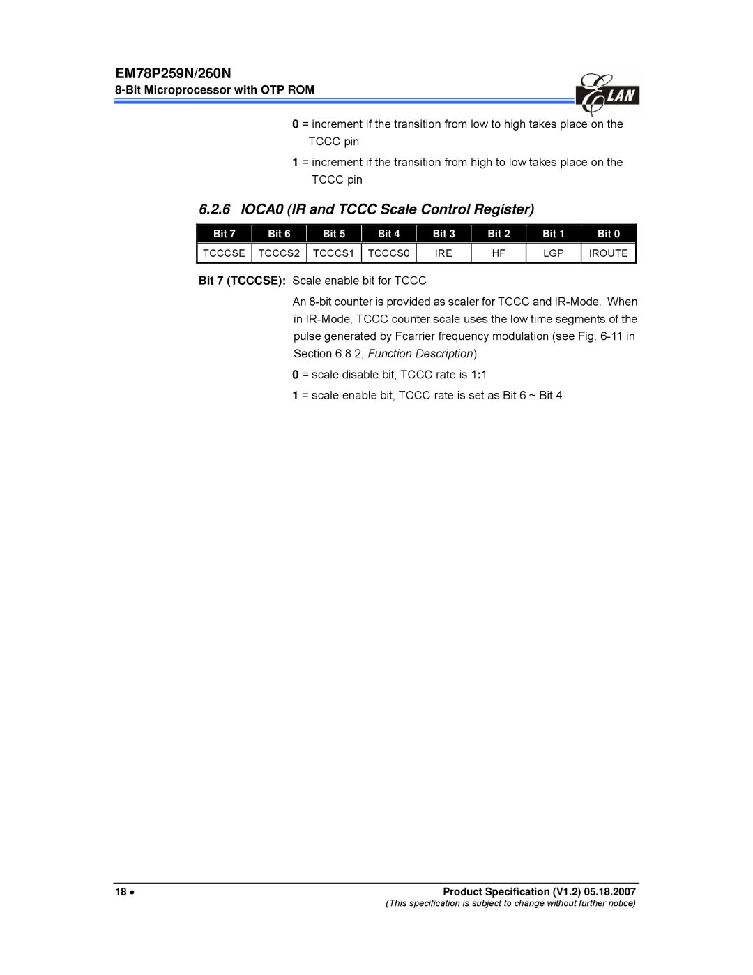 IBM EM78P259N/260N manual IOCA0 IR and Tccc Scale Control Register, Bit Microprocessor with OTP ROM 