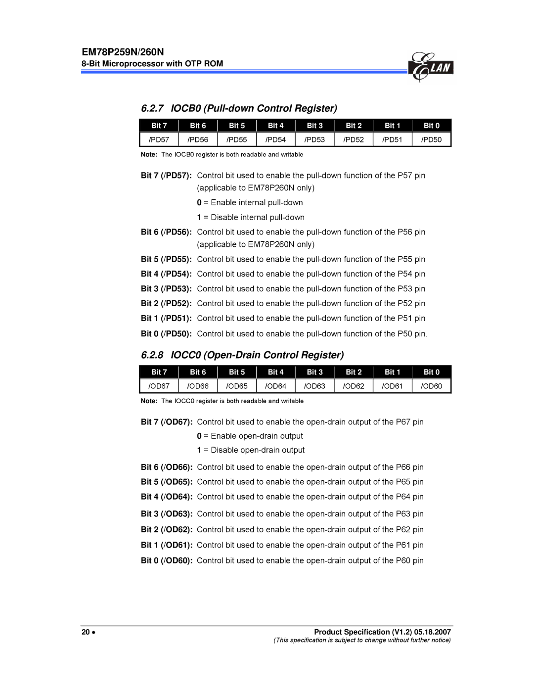 IBM EM78P259N/260N manual IOCB0 Pull-down Control Register, IOCC0 Open-Drain Control Register 