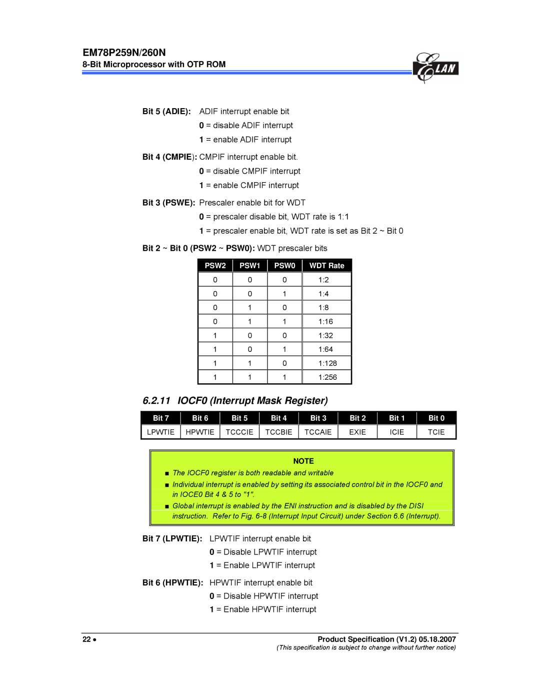 IBM EM78P259N/260N manual IOCF0 Interrupt Mask Register, Lpwtif interrupt enable bit, = Disable Lpwtif interrupt 