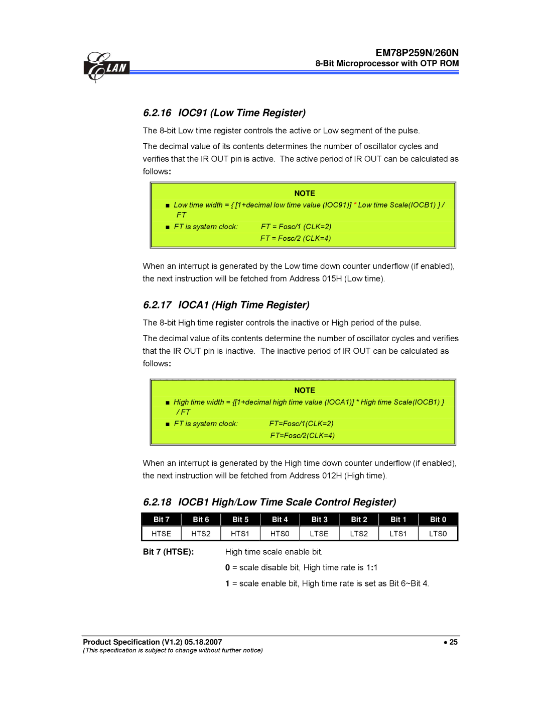 IBM EM78P259N/260N manual 16 IOC91 Low Time Register, IOCA1 High Time Register, IOCB1 High/Low Time Scale Control Register 