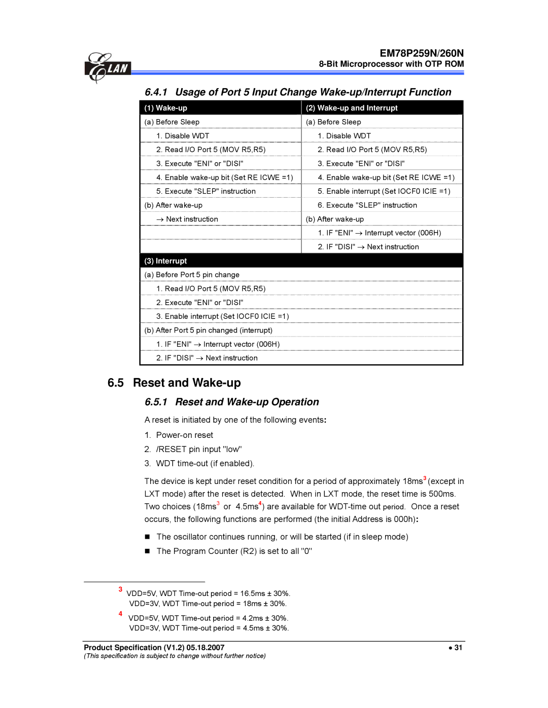 IBM EM78P259N/260N manual Usage of Port 5 Input Change Wake-up/Interrupt Function, Reset and Wake-up Operation 