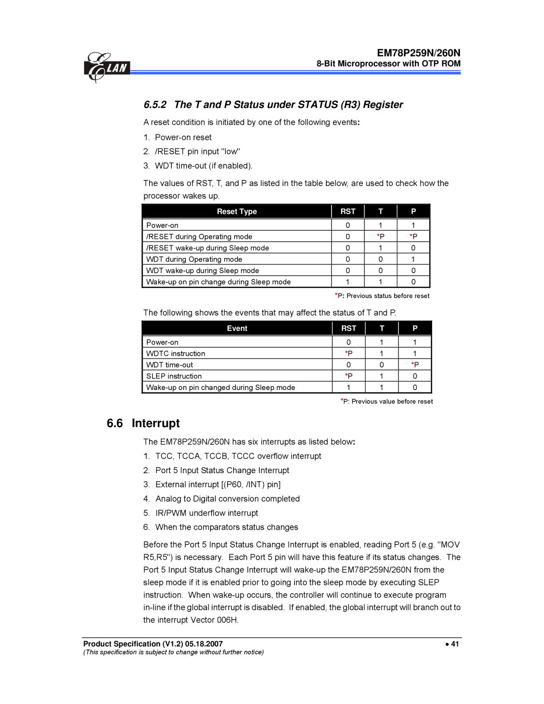 IBM EM78P259N/260N manual Interrupt, T and P Status under Status R3 Register, Event 