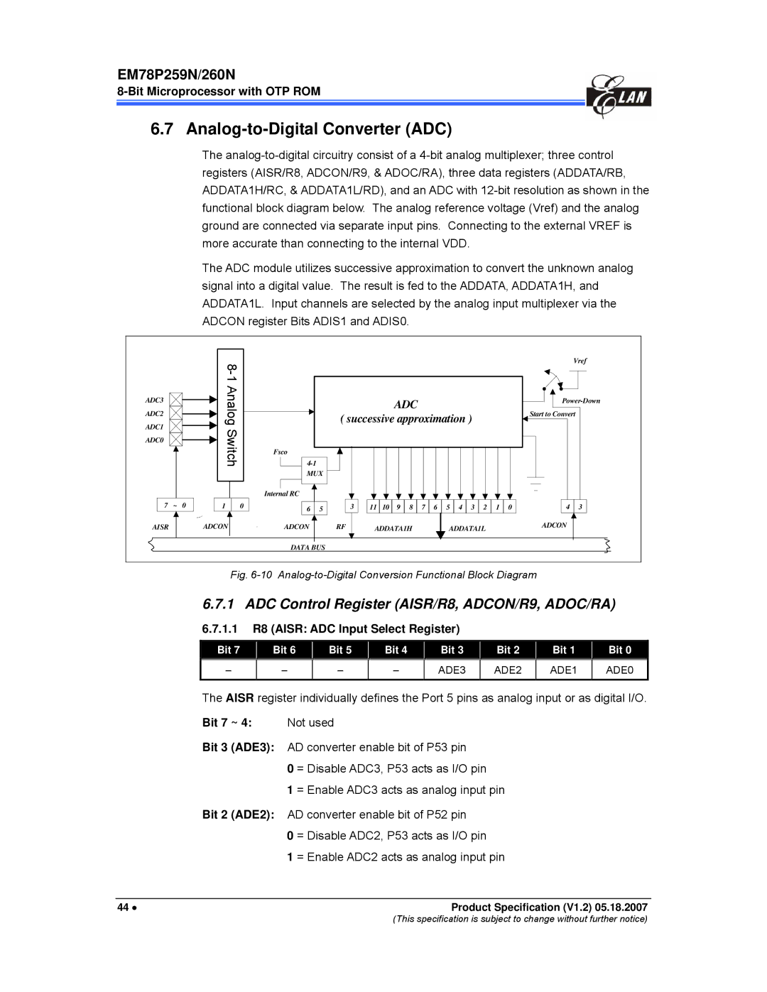 IBM EM78P259N/260N manual Analog-to-Digital Converter ADC, ADC Control Register AISR/R8, ADCON/R9, ADOC/RA 