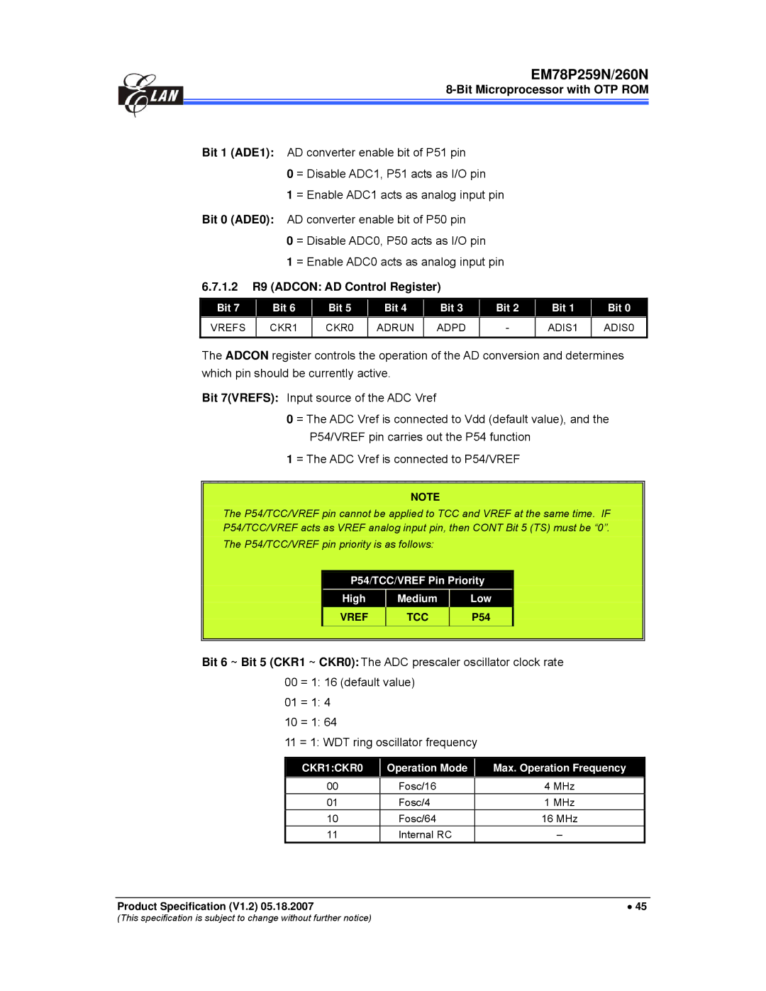 IBM EM78P259N/260N manual 1.2 R9 Adcon AD Control Register, P54/TCC/VREF Pin Priority High Medium Low 