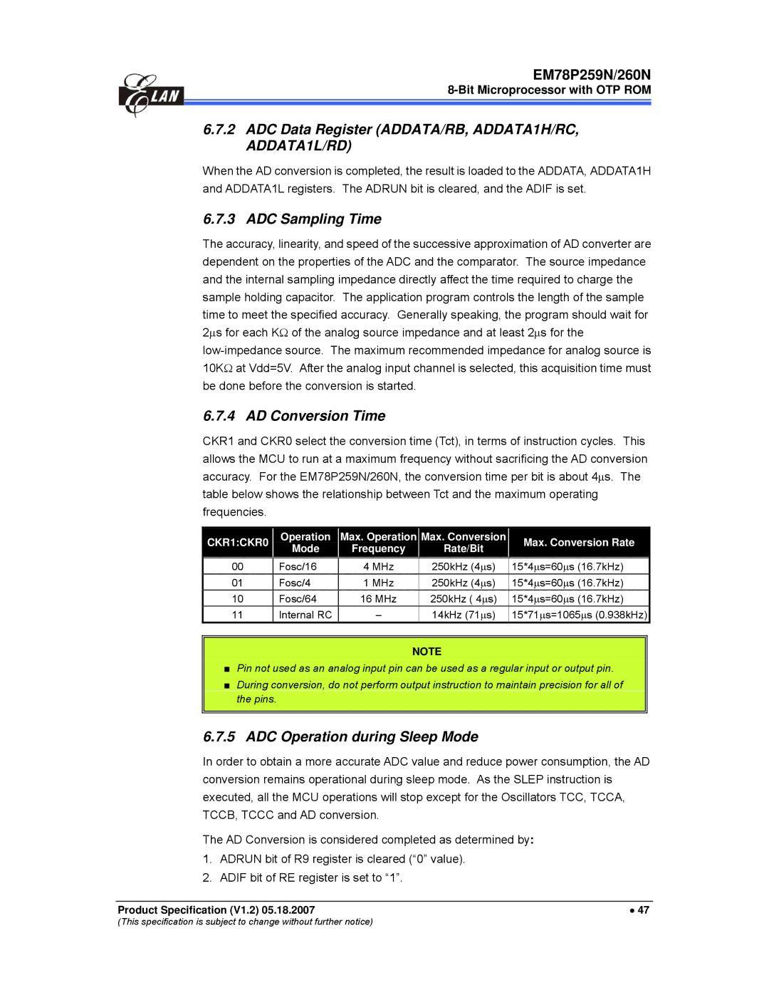 IBM EM78P259N/260N manual ADC Data Register ADDATA/RB, ADDATA1H/RC, ADDATA1L/RD, ADC Sampling Time, AD Conversion Time 