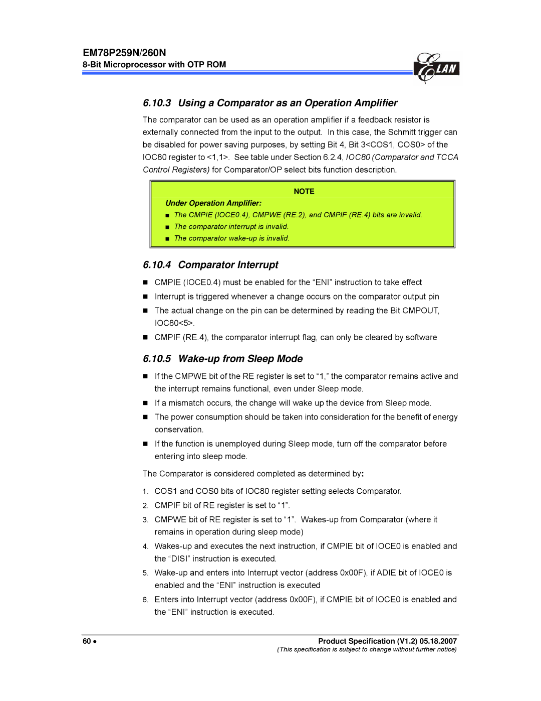 IBM EM78P259N/260N manual Using a Comparator as an Operation Amplifier, Comparator Interrupt, Wake-up from Sleep Mode 