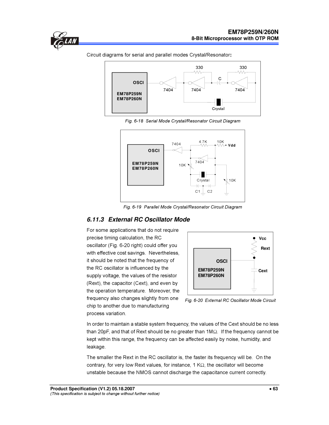 IBM EM78P259N/260N manual External RC Oscillator Mode, Serial Mode Crystal/Resonator Circuit Diagram 