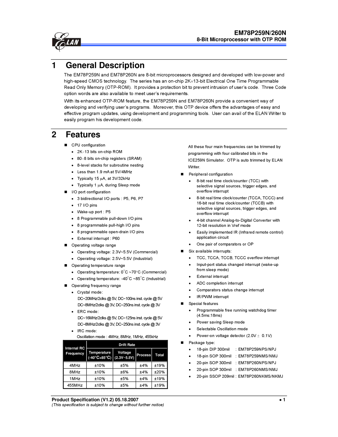 IBM EM78P259N/260N manual General Description, Features, Bit Microprocessor with OTP ROM 