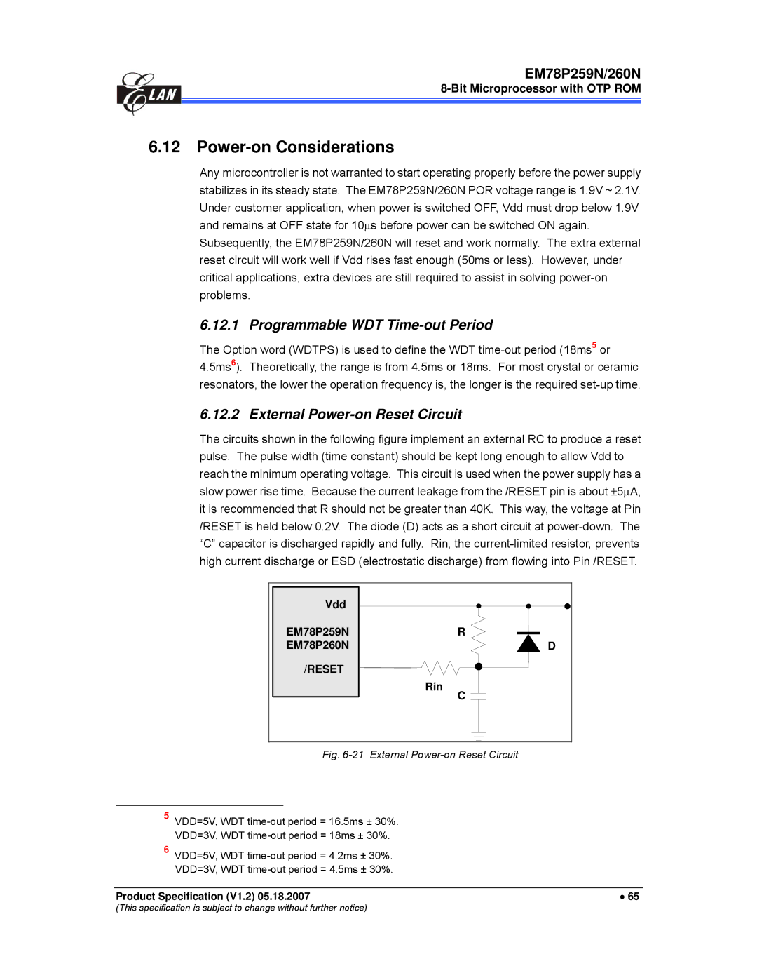 IBM EM78P259N/260N manual Power-on Considerations, Programmable WDT Time-out Period, External Power-on Reset Circuit 