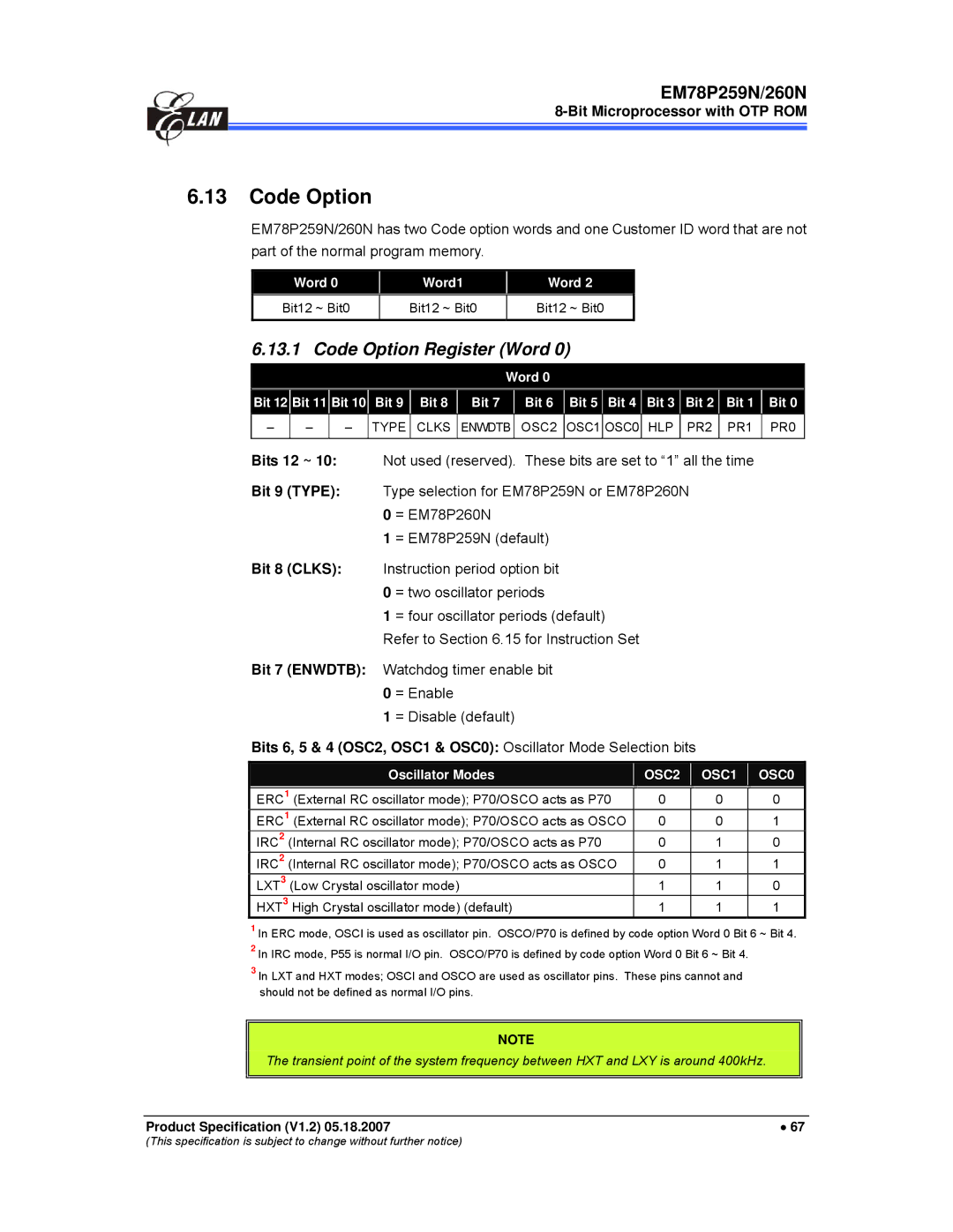 IBM EM78P259N/260N manual Code Option Register Word, Word Word1 Bit12 ~ Bit0 