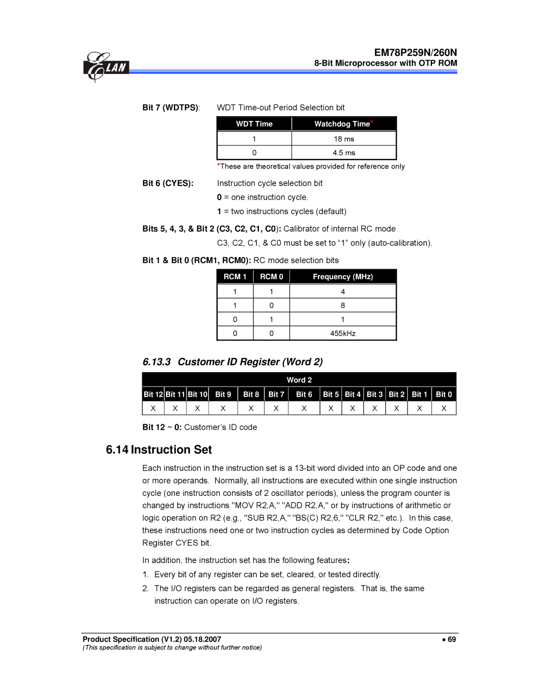 IBM EM78P259N/260N manual Instruction Set, Customer ID Register Word, Bit 1 & Bit 0 RCM1, RCM0 RC mode selection bits 