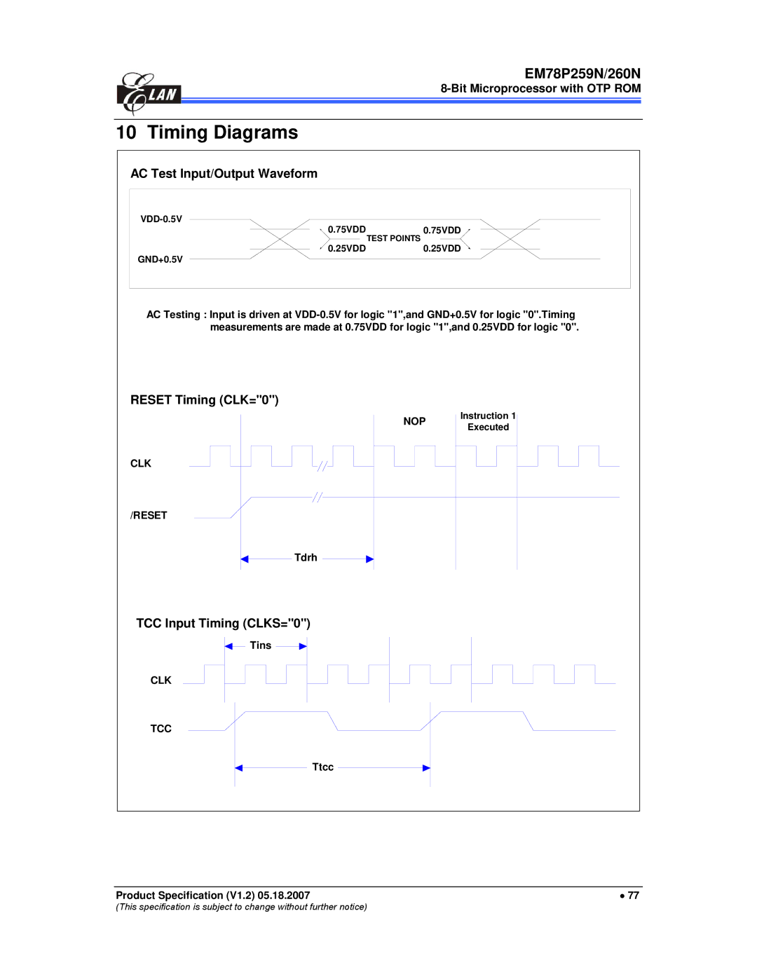 IBM EM78P259N/260N manual Timing Diagrams, AC Test Input/Output Waveform, Reset Timing CLK=0, TCC Input Timing CLKS=0 