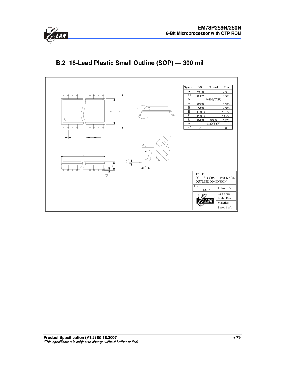 IBM EM78P259N/260N manual Lead Plastic Small Outline SOP 300 mil, 838 