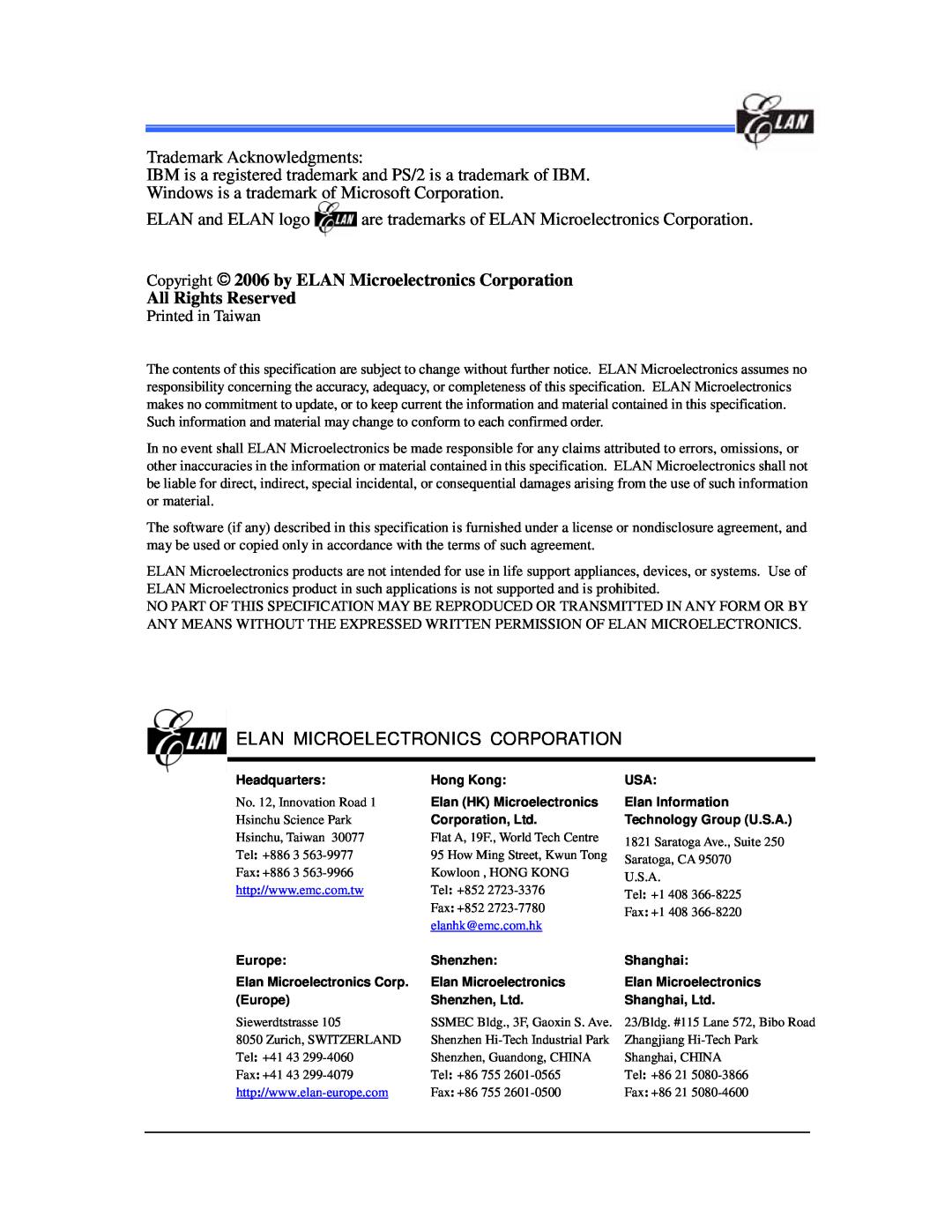 IBM EM78P312N Elan Microelectronics Corporation, Copyright 2006 by ELAN Microelectronics Corporation, All Rights Reserved 