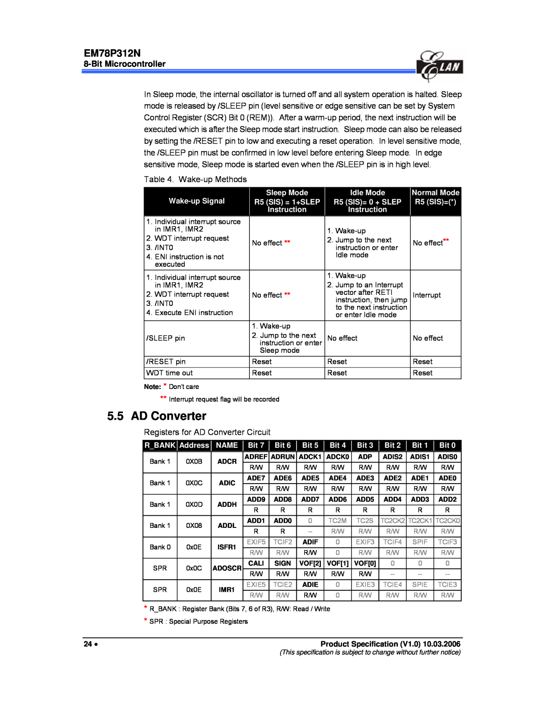 IBM EM78P312N manual Bit Microcontroller, Wake-up Methods, Registers for AD Converter Circuit 