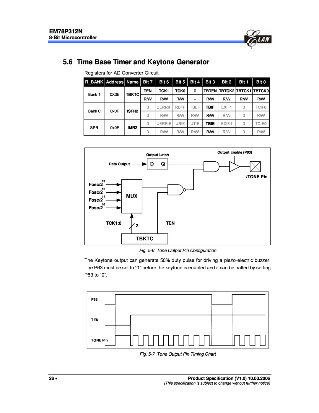 IBM EM78P312N manual Time Base Timer and Keytone Generator, Bit Microcontroller, Tbktc, Fosc/2, TONE Pin, TCK10 