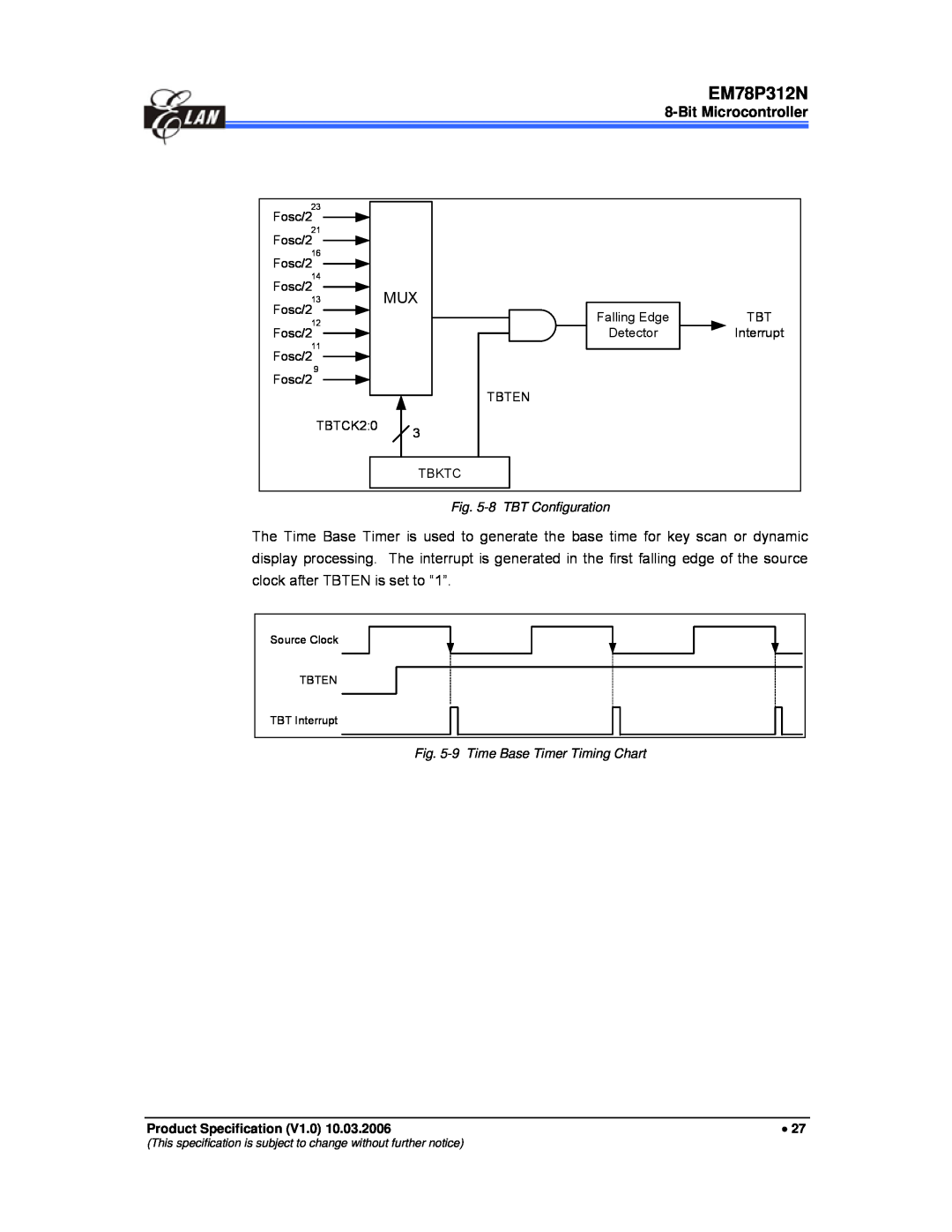 IBM EM78P312N manual Bit Microcontroller, 8 TBT Configuration, 9 Time Base Timer Timing Chart 