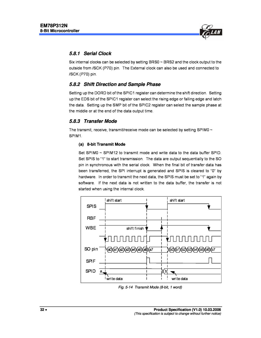 IBM EM78P312N manual Serial Clock, Shift Direction and Sample Phase, Transfer Mode, Spis, Spif, Spid, Bit Microcontroller 