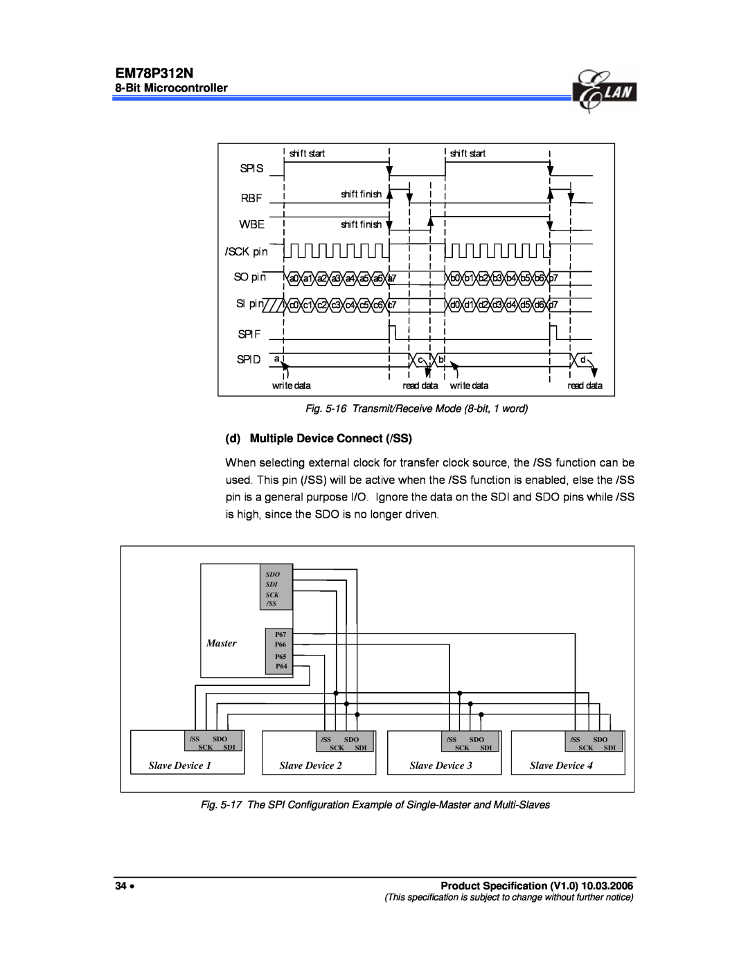IBM EM78P312N manual Bit Microcontroller, d Multiple Device Connect /SS, SCK pin, SO pin, SI pin 