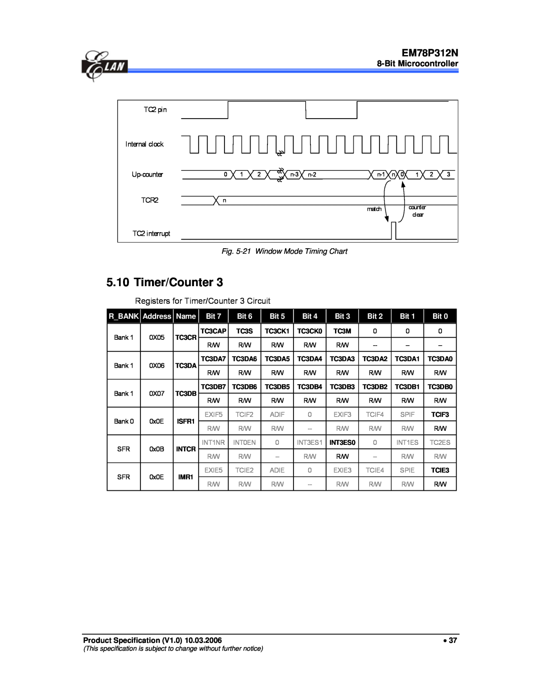IBM EM78P312N manual Bit Microcontroller, Registers for Timer/Counter 3 Circuit, 21 Window Mode Timing Chart 