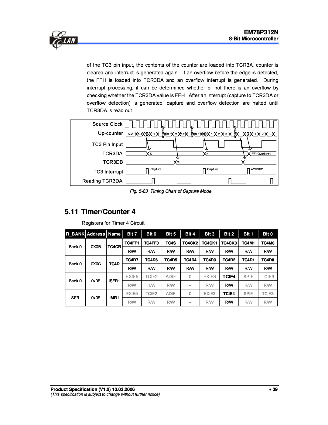 IBM EM78P312N manual Timer/Counter, Bit Microcontroller 